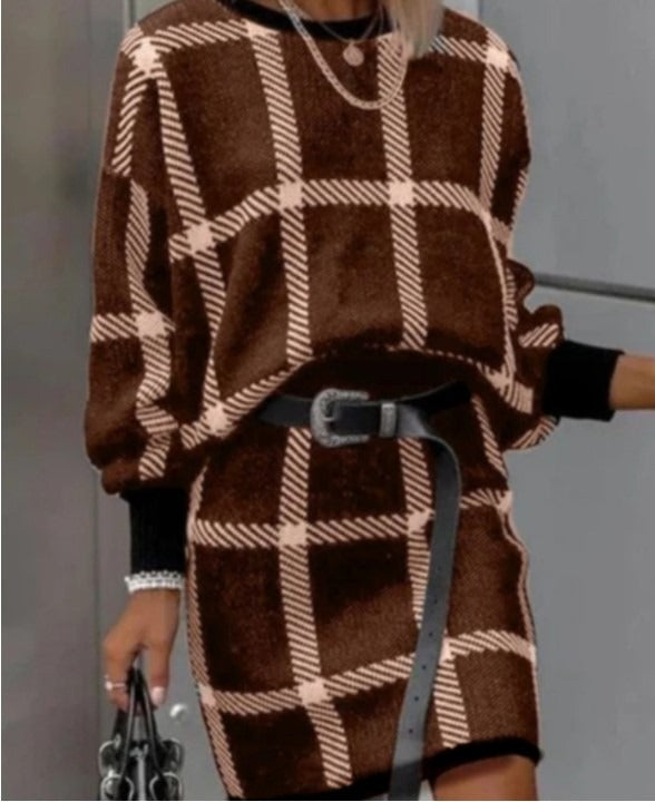 Pixie Set | Plaid Trendy Skirt Set | Round necked plaid pullover long sleeved woolen short skirt set of two pieces