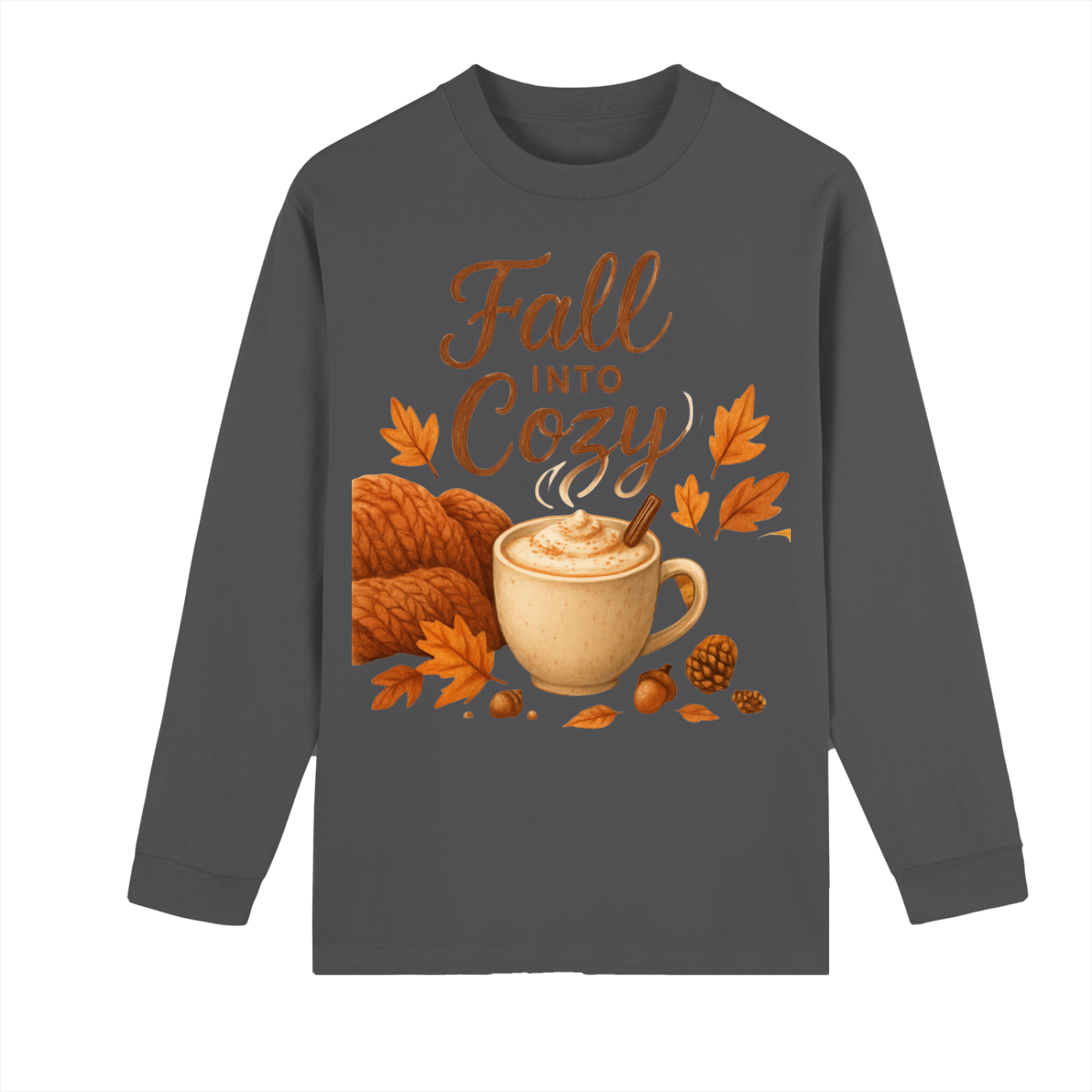 Fall Into Cozy Crew Neck Long Sleeve Shirt – Unisex Drop Shoulder Cotton Top for Autumn & Winter Comfort | Fall Into Cozy Comfy Crew Neck Drop Shoulder Long Sleeve Shirt Winter Shirt Thanksgivings Shirt