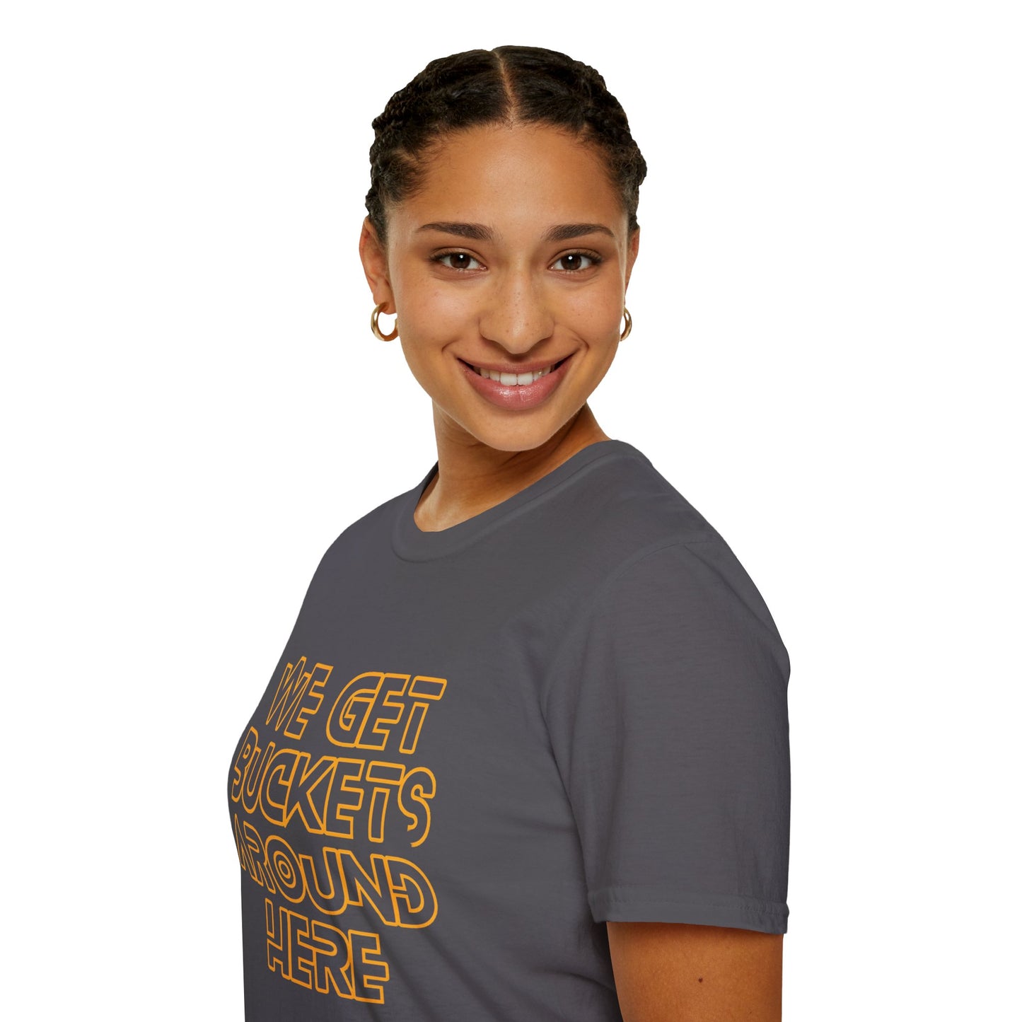 We Get Buckets Around Here | Get Buckets | Basketball Shirt | Unisex Basketball Shirt | Sports Shirt | Baller Shirt | Mighty Lifestyle | Softstyle T-Shirt