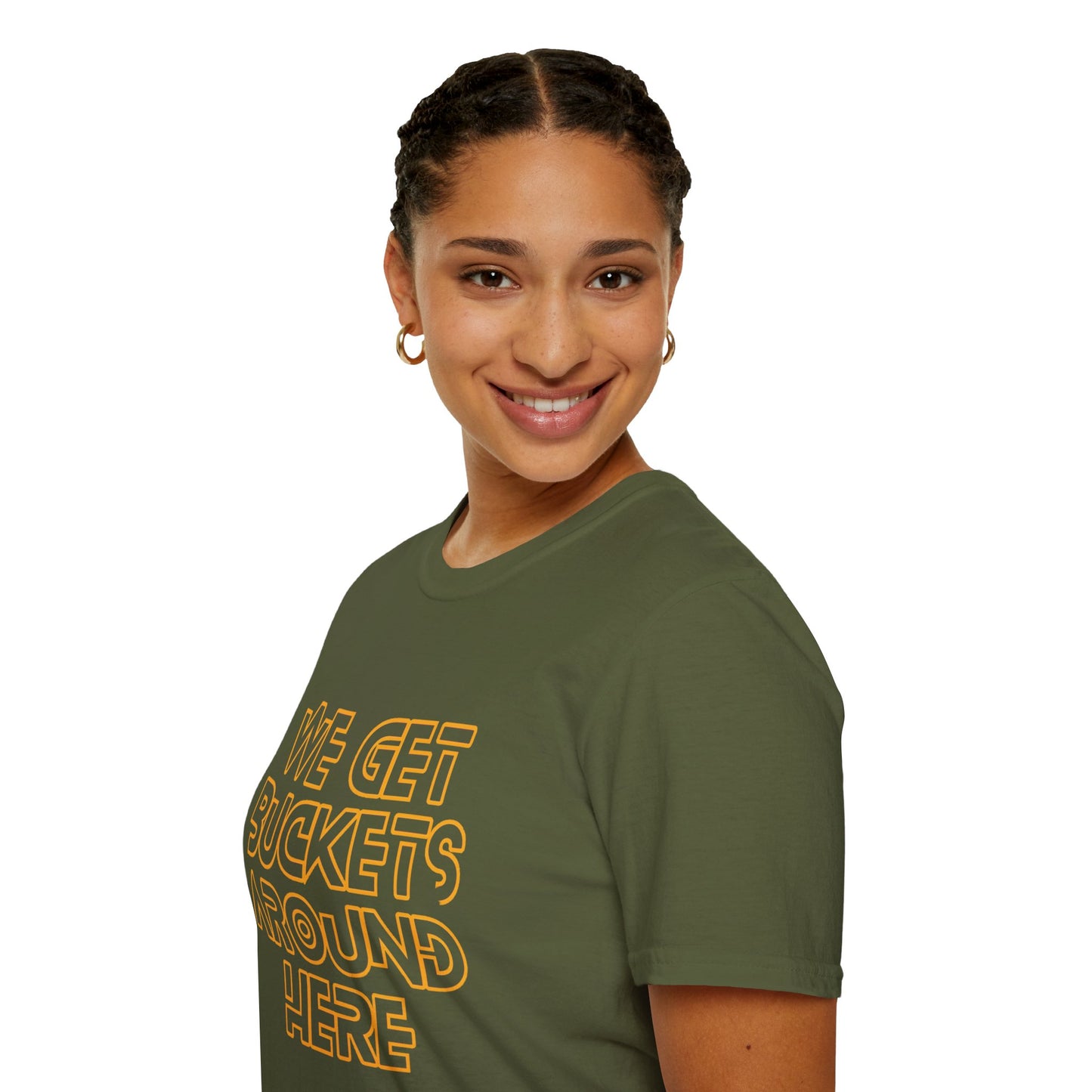 We Get Buckets Around Here | Get Buckets | Basketball Shirt | Unisex Basketball Shirt | Sports Shirt | Baller Shirt | Mighty Lifestyle | Softstyle T-Shirt