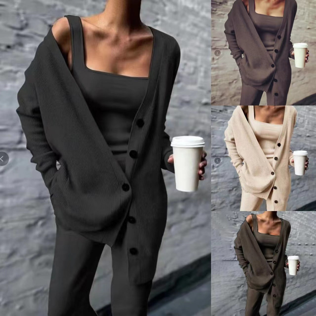 Nella Solid color knitted jacket three piece set