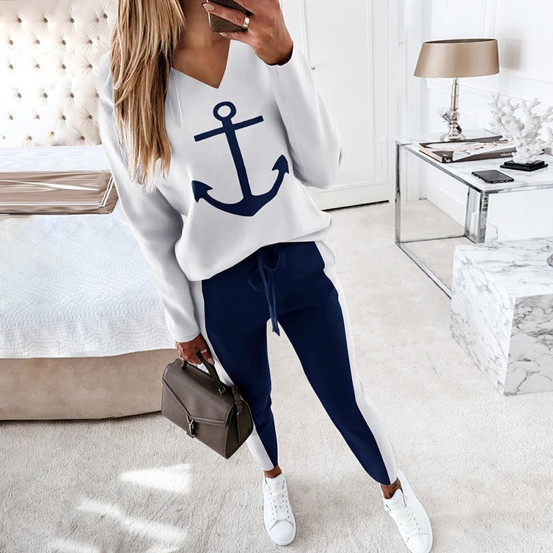 Mighty Lifestyle Women’s Boat Anchor Print Pant Set | Fashionable Casual Sailor-Inspired Outfit