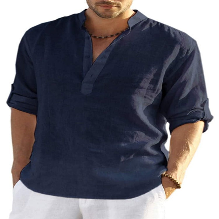 Omega Men Top Linen Shirt | Long Sleeved T Shirt Loose Sweatshirt Solid Color Long Sleeved Cotton Linen Shirt Mens Large