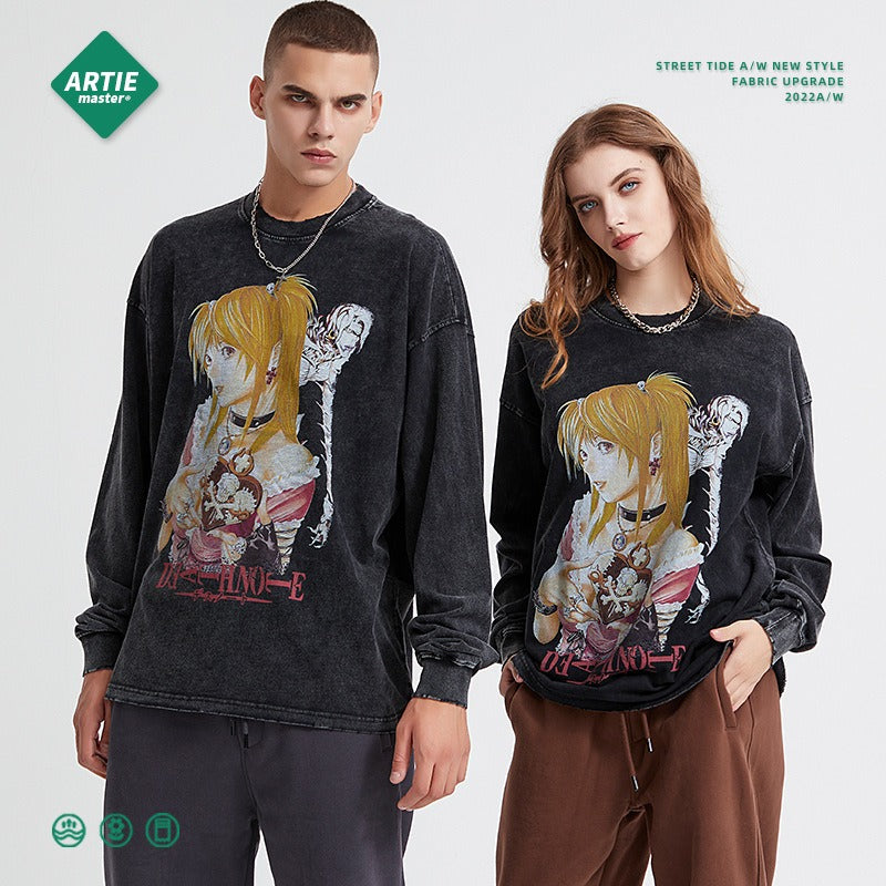 Death Note Digital Printed Long sleeved Retro Trendy Brand Dark Wash Wax Dyed Old T-shirt Anime