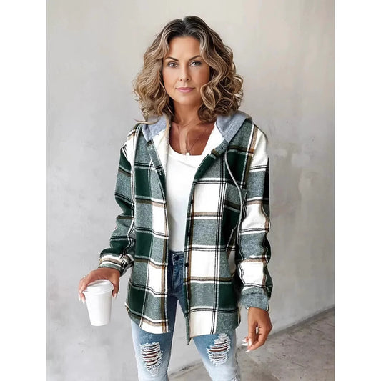 Wilhelmina Women’s Plaid Cropped Jacket with Hood – Autumn and Winter Button-Up Loose Fit Imitation Wool Coat, Streetwear Casual Outerwear | Women's large plaid style women's jacket plaid autumn and winter new style | Country Women’s Shirt