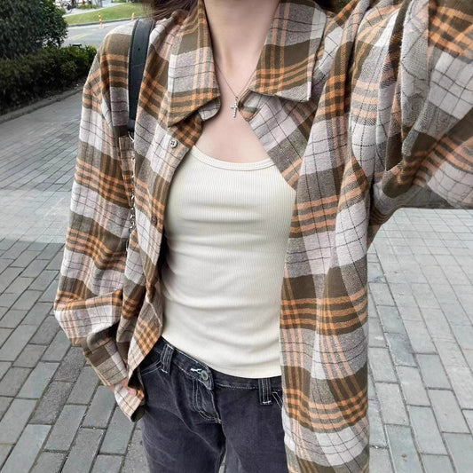 Women’s Plaid Button Up Shacket – Casual Loose Fit Long Sleeve Polo Collar Fall Jacket | Khaki Plaid Cardigan Blouse Top for Layering | Cozy Fall Outfit