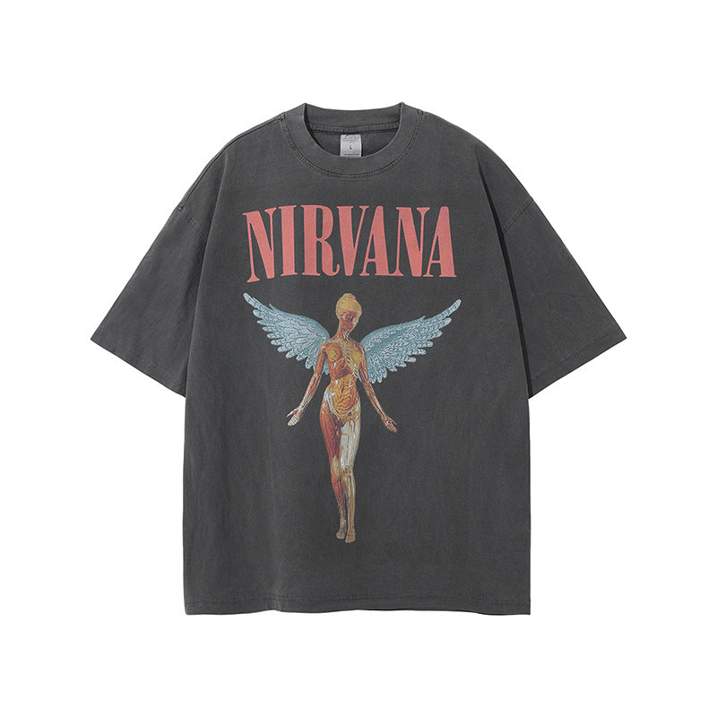 Nirvana Angel | Mens and Womens Wear New Washing Water, Old Rock Band Printing, Vintage Short Sleeve, European High Street Fashion Brand Tee