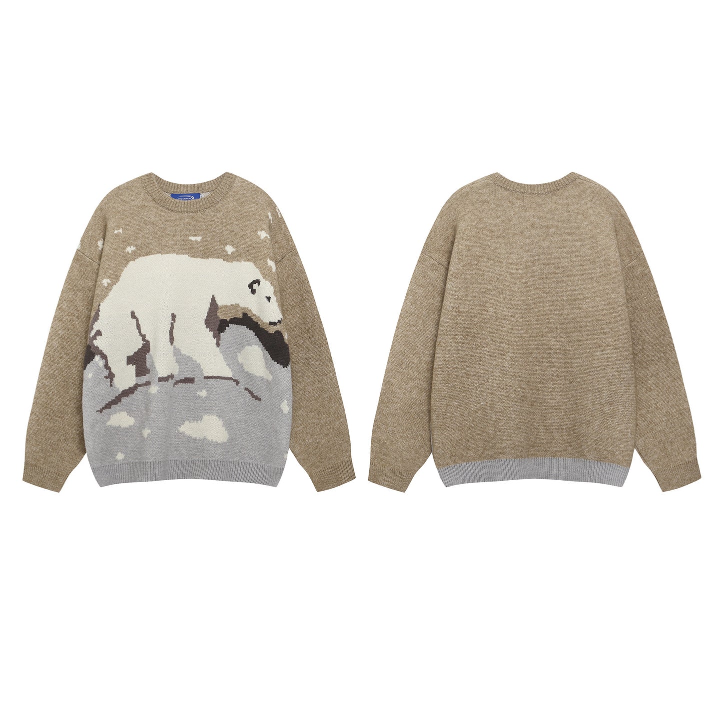 Retro Color Block Polar Bear Jacquard Crew Sweater Unisex Loose Lazy Couple Knit Top