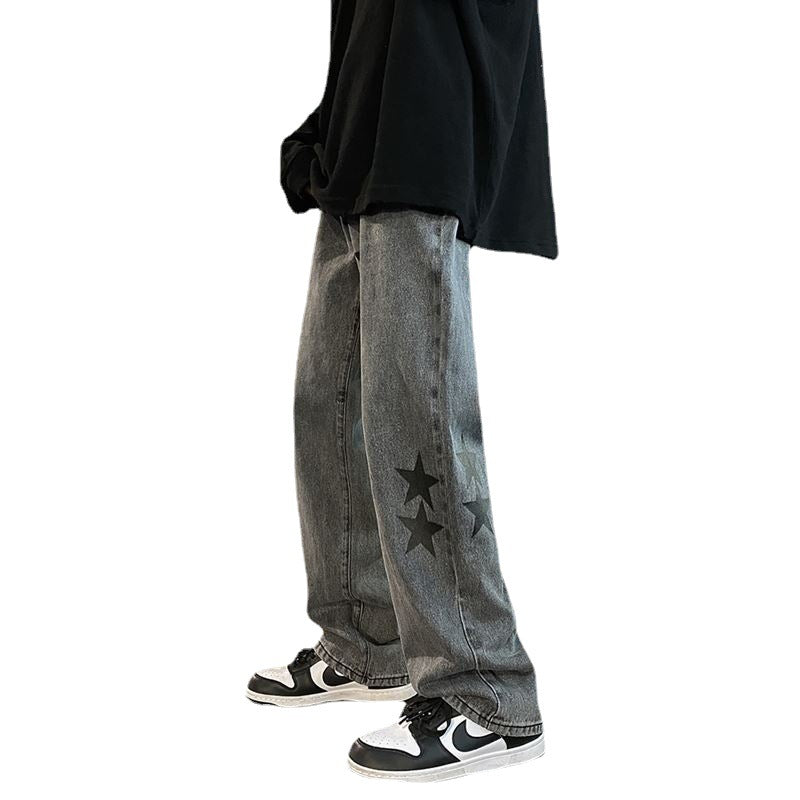 Star Smoke Gray Wide Leg Jeans – Trendy High Street Vibe Pants, Loose Straight-Leg Streetwear Denim, Autumn & Winter FaAmerican high street Vibe pants Instagram trendy star smoke gray jeans men's and teens, loose straight leg wide leg pants
