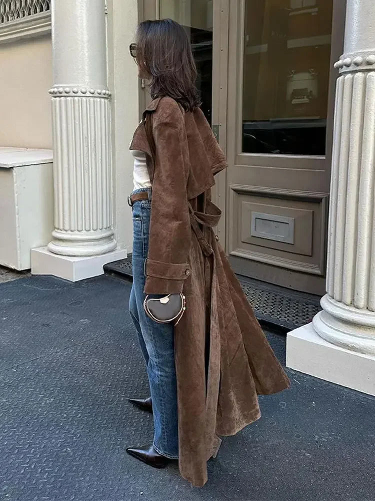 Bianca Brown lace up waist cinching long jacket