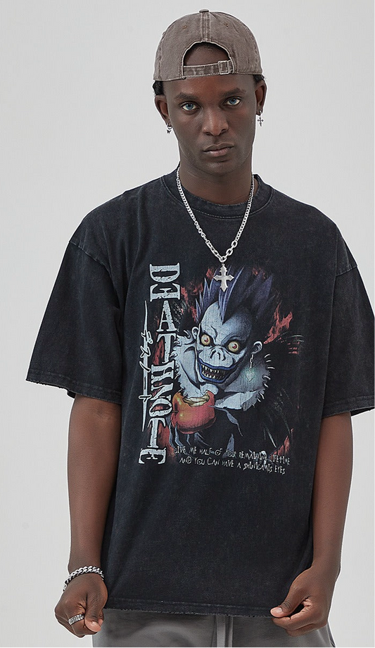 Washed vintage short sleeved T-shirt with distressed edges, white ink direct spray | print VIBE style t-shirt Death Note Anime Shirt