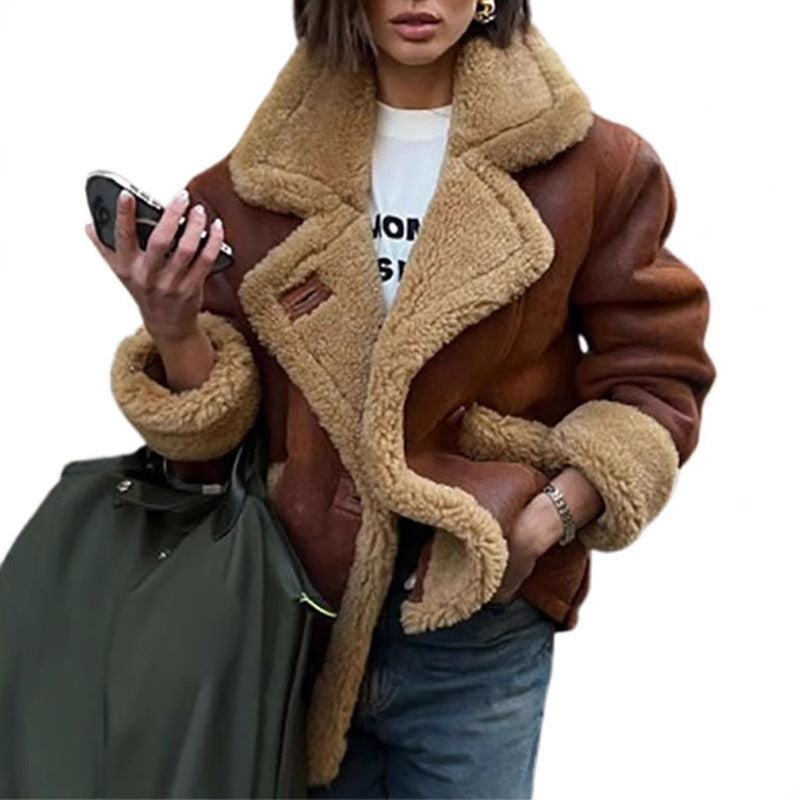 Women’s Shearling Fur Collar Jacket – Brown Faux Lamb Wool Coat for Fall & Winter, Loose Fit Button-Up Streetwear Outerwear | European and American collar long sleeved fur one-piece jacket, autumn and winter lamb wool loose and warm comfortable m jacket