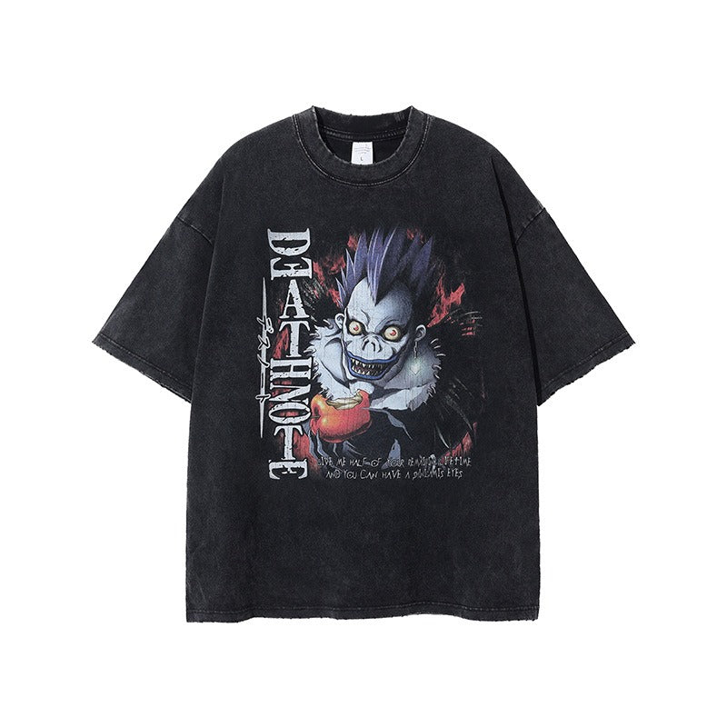 Washed vintage short sleeved T-shirt with distressed edges, white ink direct spray | print VIBE style t-shirt Death Note Anime Shirt