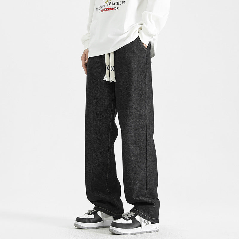 Sway Jeans Straight Leg Loose Fit Jeans for Men & Teens – Trendy Japanese Streetwear Cotton Denim Pants Trendy Straight Leg Jeans Loose Long Trousers Adult Male or Teenagers Rope Drawstring Jeans