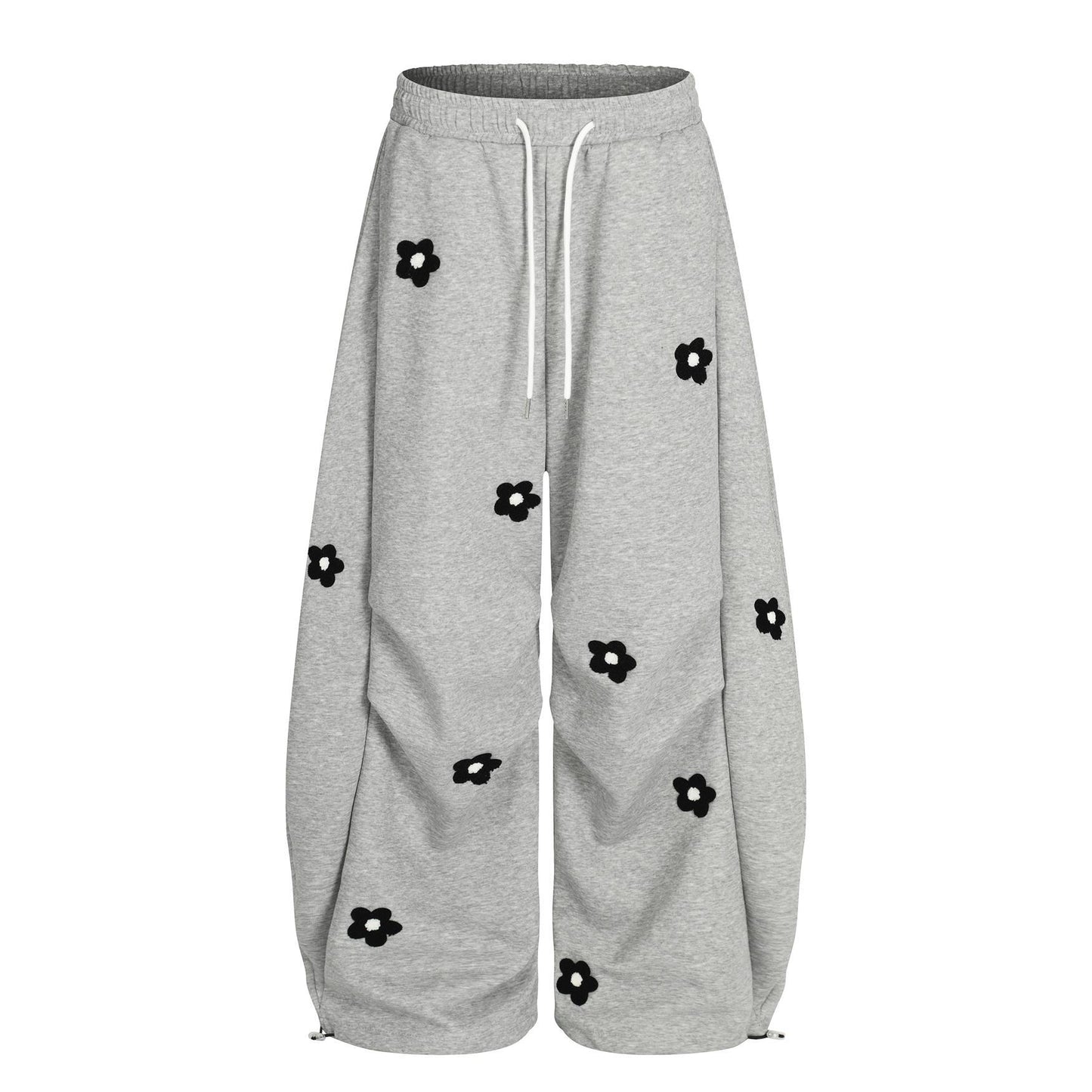 Viral Flower Embroidery Oversized Sweatpants for Men & Women – TikTok Streetwear Trend | Cozy Aesthetic Wide-Leg Joggers in Gray or Black