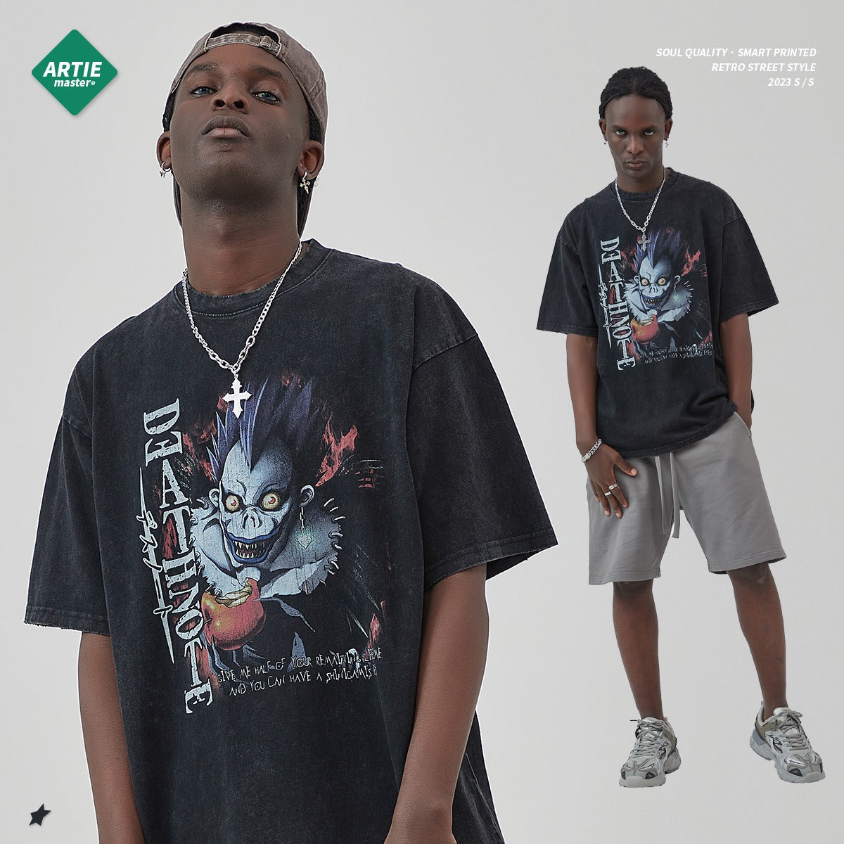 Washed vintage short sleeved T-shirt with distressed edges, white ink direct spray | print VIBE style t-shirt Death Note Anime Shirt