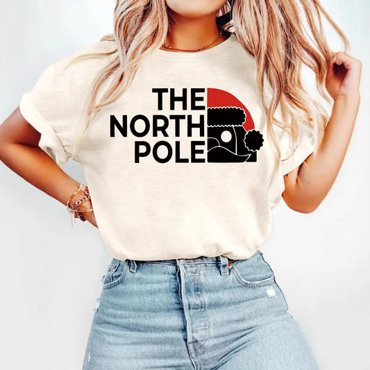 Short sleeved women's T-shirt with loose Santa Claus print Christmas Shirt North Pole