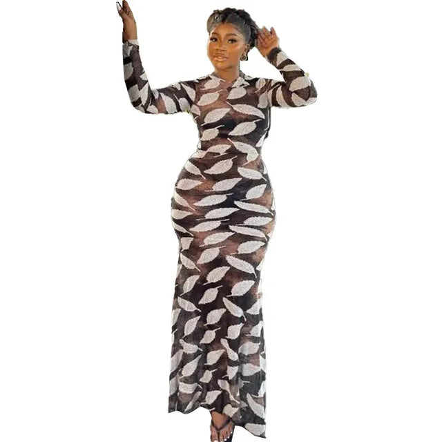 Lennox Leaf Print Long Sleeve Mermaid Dress for Women — Elegant Sexy Fall & Winter Maxi Dress | Long Sleeve Polyester & Cow Milk Silk Bodycon Dress