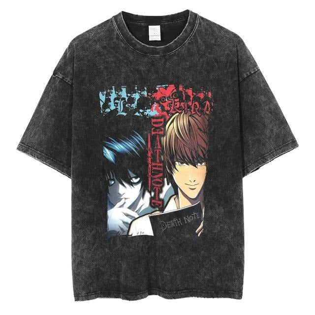 Mighty Lifestyle Washed Anime Death Note retro men's short-sleeved t-shirt summer anime peripheral printed loose t-shirt for men - Blerd Shirt Nerd Shirt
