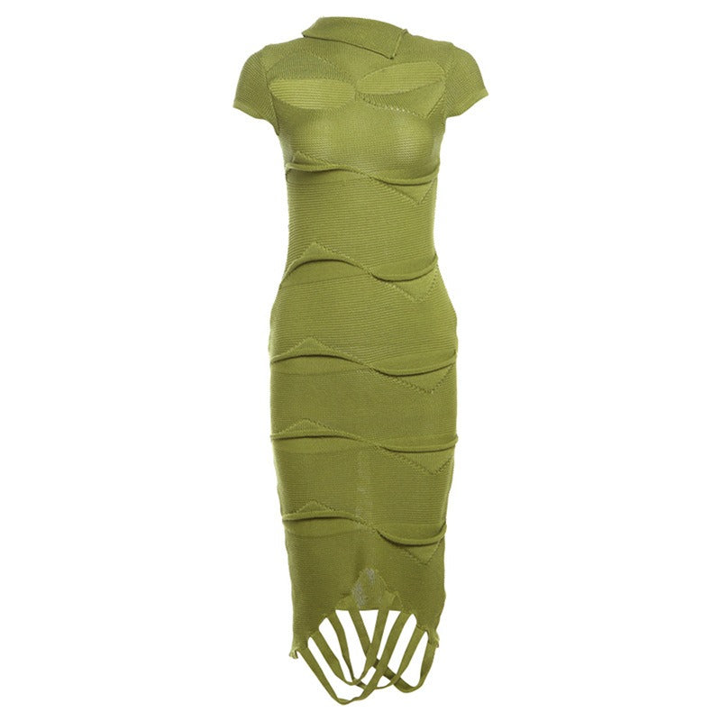 Mighty Lifestyle Angel Hip hop distressed diagonal neckline hollowed out tassel knit solid color short sleeved dress