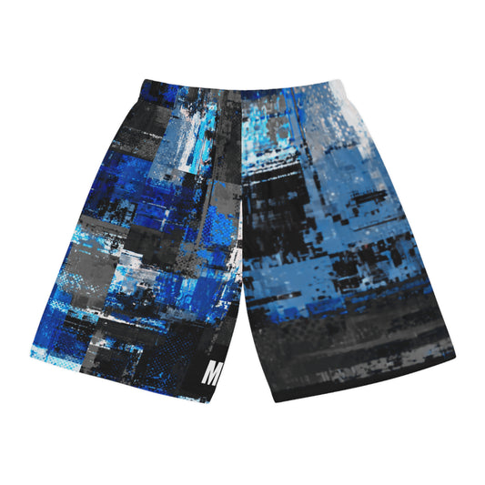Mighty Blue and White Abstract Pattern Basketball Shorts — All-Over Print Athletic Shorts