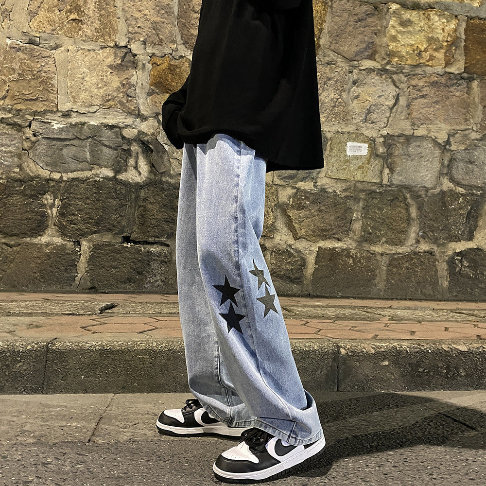 Star Smoke Gray Wide Leg Jeans – Trendy High Street Vibe Pants, Loose Straight-Leg Streetwear Denim, Autumn & Winter FaAmerican high street Vibe pants Instagram trendy star smoke gray jeans men's and teens, loose straight leg wide leg pants