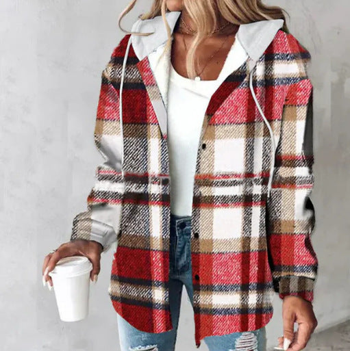 Wilhelmina Women’s Plaid Cropped Jacket with Hood – Autumn and Winter Button-Up Loose Fit Imitation Wool Coat, Streetwear Casual Outerwear | Women's large plaid style women's jacket plaid autumn and winter new style | Country Women’s Shirt