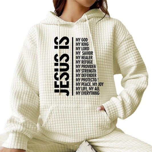 Jesus Is Hoodie – Women’s Waffle Knit Christian Sweatshirt | Faith-Based Pullover | Inspirational Bible Verse Hoodie for Women
Jesus Is Hoodie Women's Letter Print Hooded Waffle Sweatshirt Faith Based Hoodie Christian Hoodie