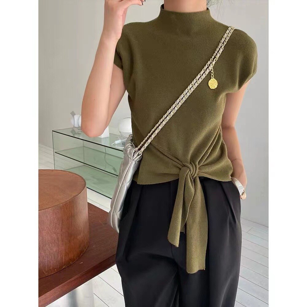 Neutrals Women T Shirt Stand Collar Sleeveless Knitted Tshirt Fashion Solid Bottoming Tee Shirt For Women Female Top Tshirts