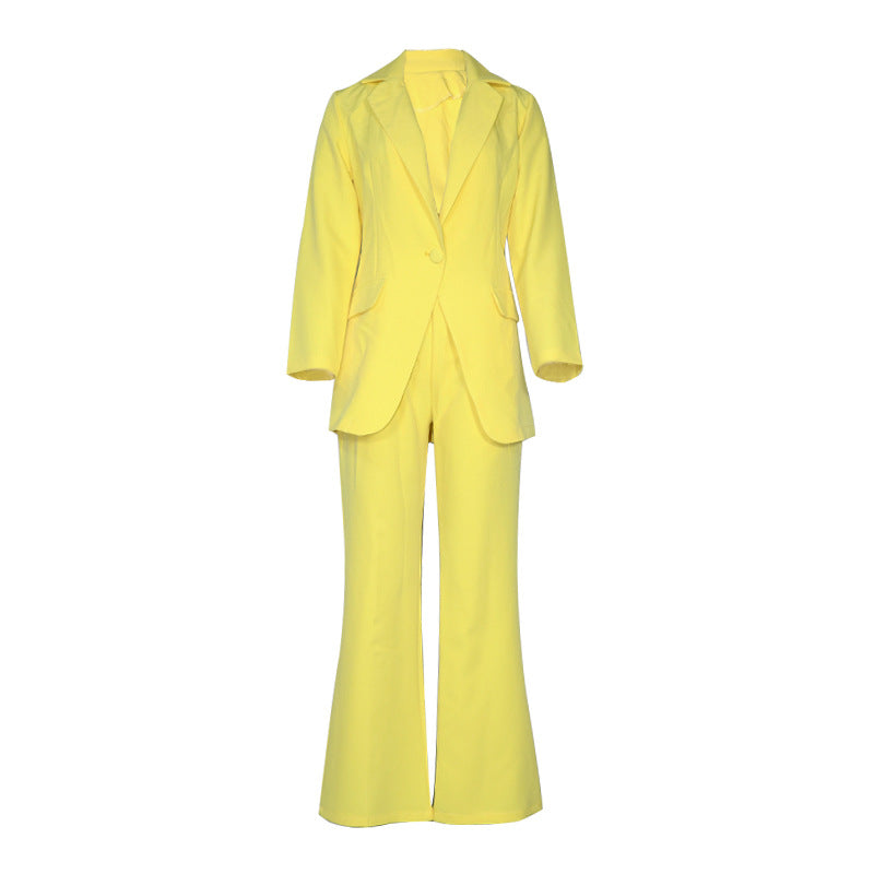 Jessamyn Suit | Solid Color Retro Long Sleeved Pants Suit Small Suit Temperament Commuter V-Neck Suit