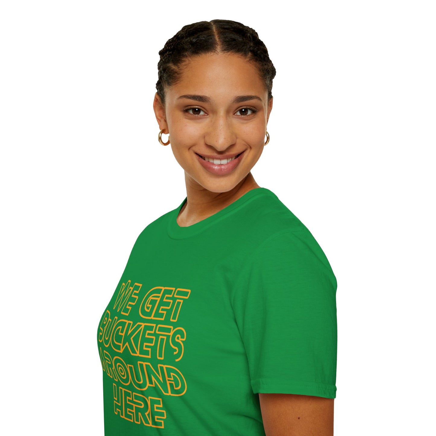We Get Buckets Around Here | Get Buckets | Basketball Shirt | Unisex Basketball Shirt | Sports Shirt | Baller Shirt | Mighty Lifestyle | Softstyle T-Shirt