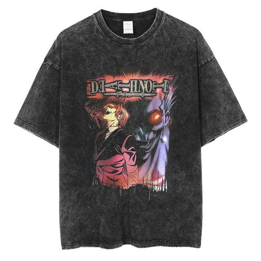 Washed Anime Death Note retro men's short-sleeved t-shirt summer anime peripheral printed loose t-shirt for men - Blerd Shirt Nerd Shirt