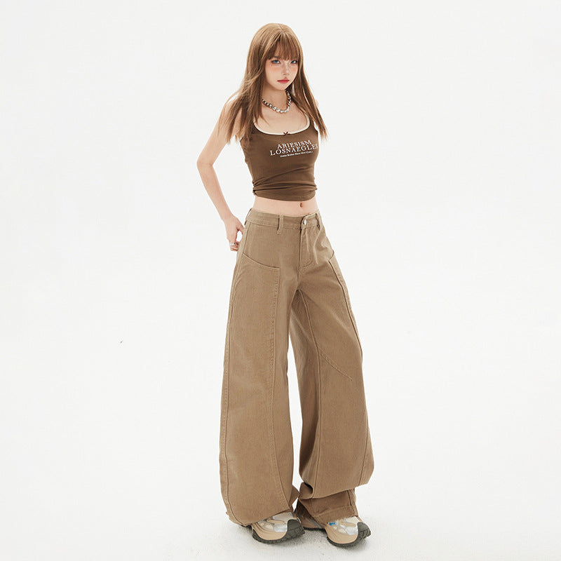 Welby Women's Saber Design Khaki Straight Leg Wide Leg Jeans Trendy Pants Body Casual Pants