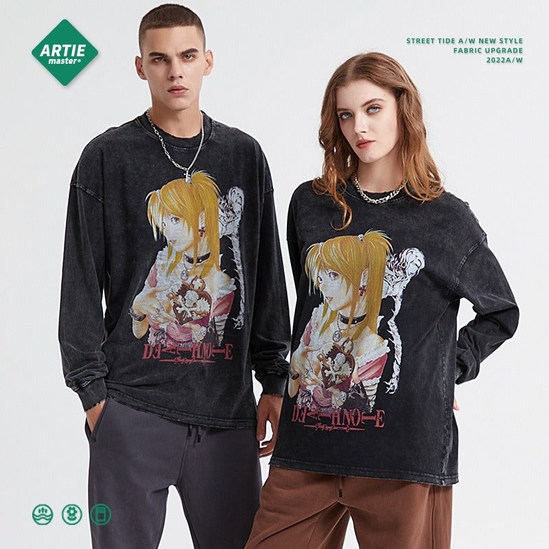 Death Note Digital Printed Long sleeved Retro Trendy Brand Dark Wash Wax Dyed Old T-shirt Anime