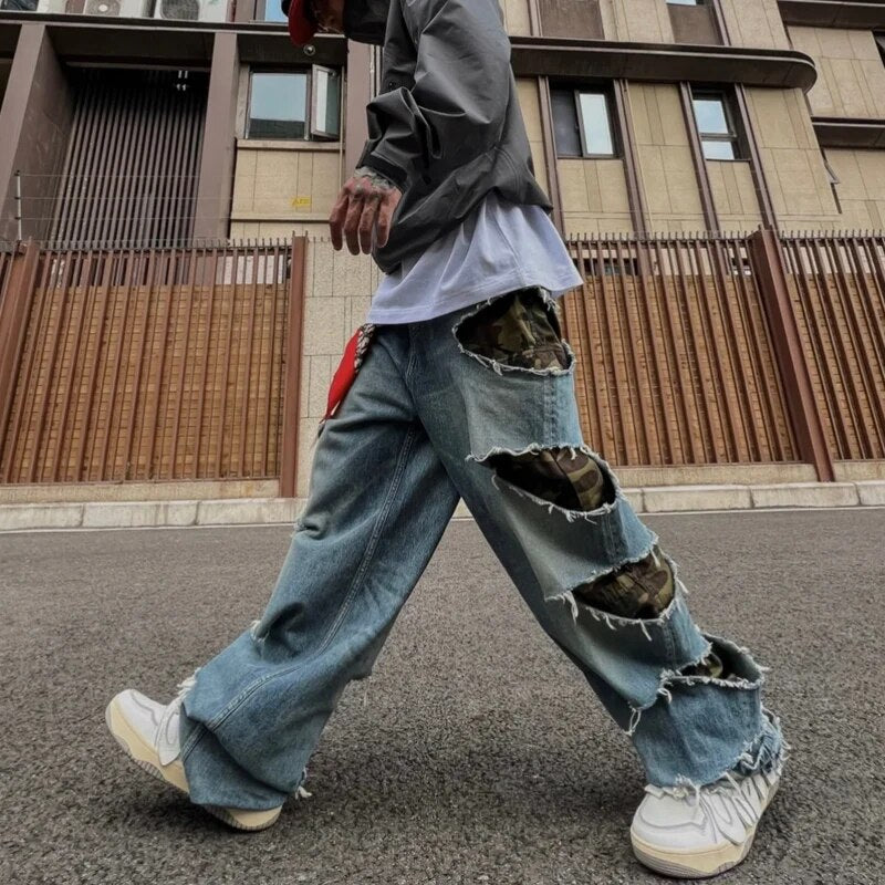 Mighty Lifestyle Camo Jeans | Camouflage Hole Jeans Mens Straight Loose Wide-leg Denim Pants Street Hip Hop Cowboy Pants for Men