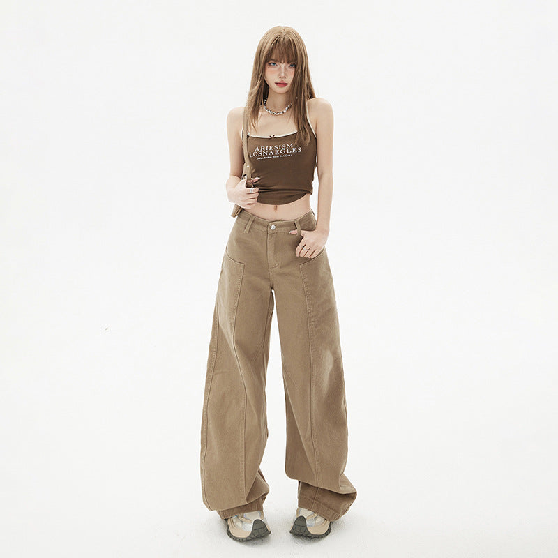 Welby Women's Saber Design Khaki Straight Leg Wide Leg Jeans Trendy Pants Body Casual Pants