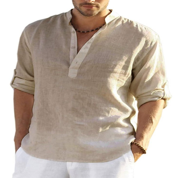 Omega Men Top Linen Shirt | Long Sleeved T Shirt Loose Sweatshirt Solid Color Long Sleeved Cotton Linen Shirt Mens Large