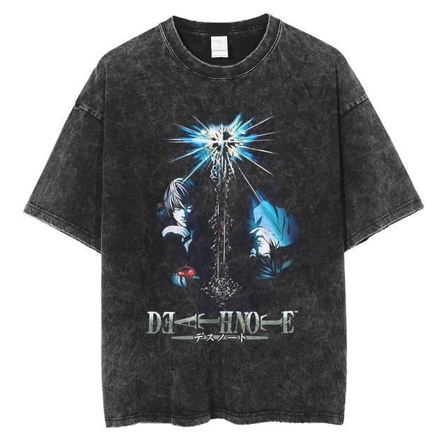 Mighty Lifestyle Washed Anime Death Note retro men's short-sleeved t-shirt summer anime peripheral printed loose t-shirt for men - Blerd Shirt Nerd Shirt
