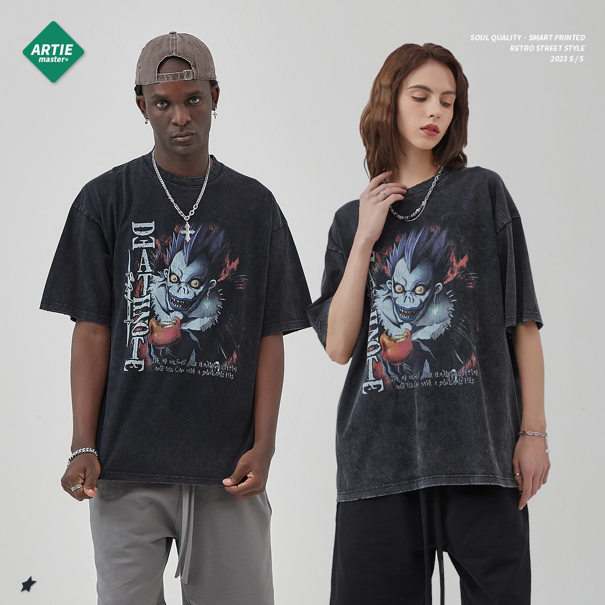 Washed vintage short sleeved T-shirt with distressed edges, white ink direct spray | print VIBE style t-shirt Death Note Anime Shirt