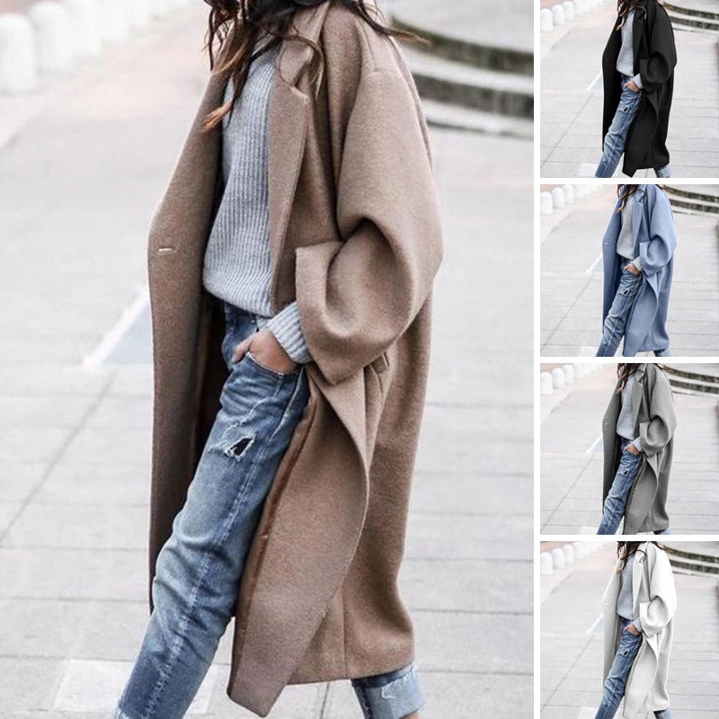 Autumn and winter women's casual long solid color warm woolen jacket
