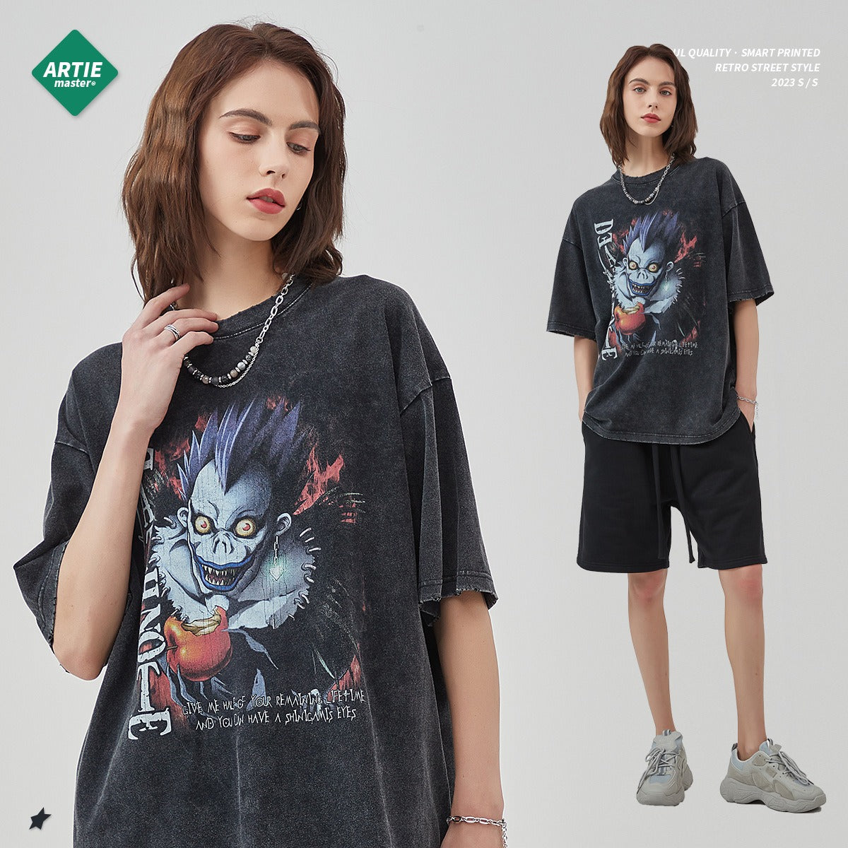 Washed vintage short sleeved T-shirt with distressed edges, white ink direct spray | print VIBE style t-shirt Death Note Anime Shirt