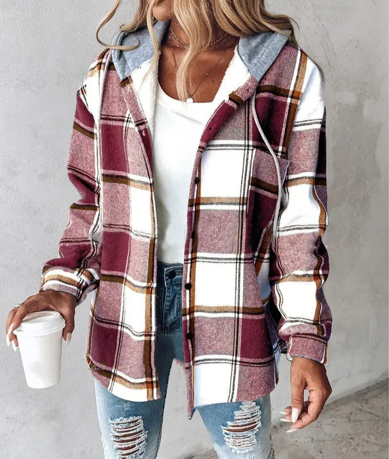 Wilhelmina Women’s Plaid Cropped Jacket with Hood – Autumn and Winter Button-Up Loose Fit Imitation Wool Coat, Streetwear Casual Outerwear | Women's large plaid style women's jacket plaid autumn and winter new style | Country Women’s Shirt
