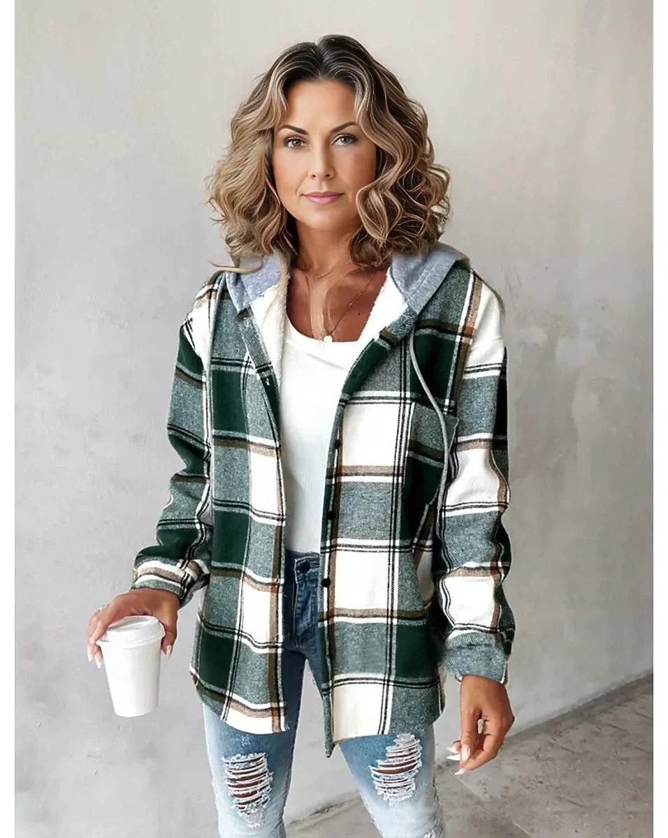 Wilhelmina Women’s Plaid Cropped Jacket with Hood – Autumn and Winter Button-Up Loose Fit Imitation Wool Coat, Streetwear Casual Outerwear | Women's large plaid style women's jacket plaid autumn and winter new style | Country Women’s Shirt