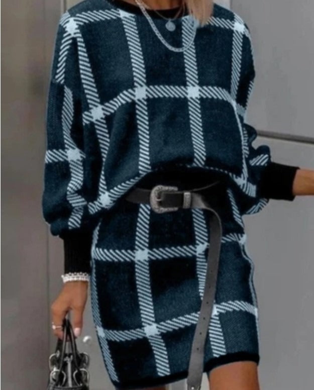Pixie Set | Plaid Trendy Skirt Set | Round necked plaid pullover long sleeved woolen short skirt set of two pieces