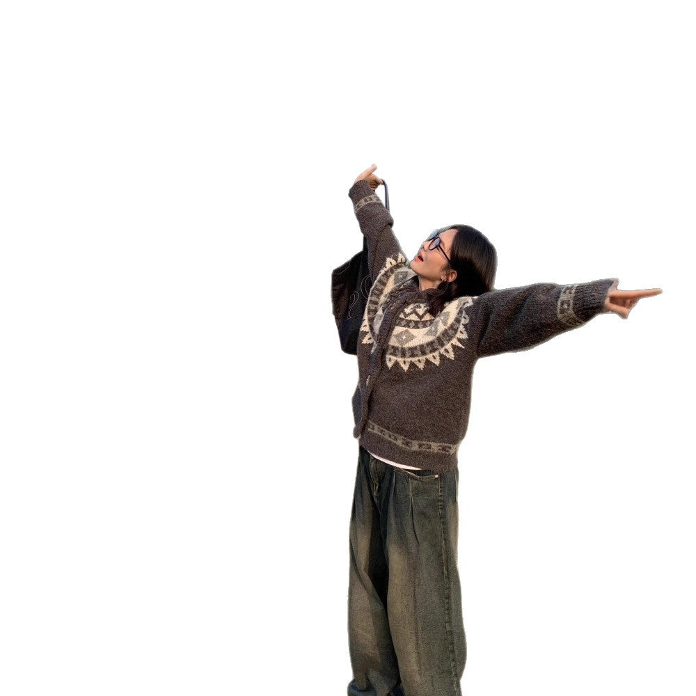 Single-breasted Horn Button Hooded Fair Isle Knit Sweater Men Autumn Winter Vintage Lazy Thick Warm Knit Coat