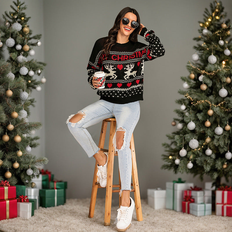 Ugly Christmas Sweater for Women – Funny Holiday Reindeer Knit Pullover | Merry Christmas Party Sweater | Black Winter Festive Ugly Sweater Christmas Party Sweater Classic Christmas sweater autumn and winter deer jacquard pullover knitted sweater