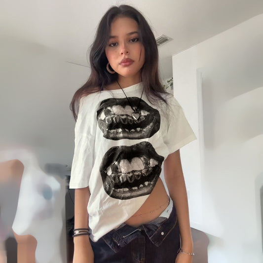 Hip-Hop Style Mouth Print Oblique Collar Short Sleeve Spicy Girl Street Sexy Shoulder-Exposing Casual Versatile Loose Women's T-Shirt