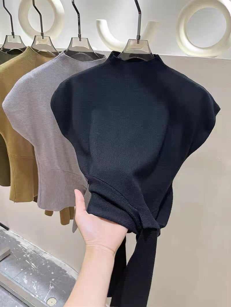 Neutrals Women T Shirt Stand Collar Sleeveless Knitted Tshirt Fashion Solid Bottoming Tee Shirt For Women Female Top Tshirts