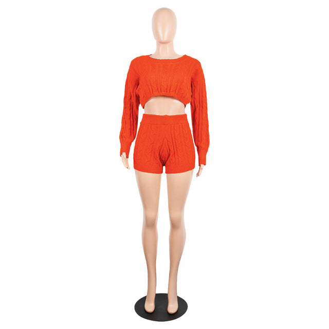 The Kerry | 2 Two Piece Set Women Clothes Autumn Winter Outfits Long Sleeve Knit Sweater Tops+Bodycon Shorts Suit Sexy Matching Sets