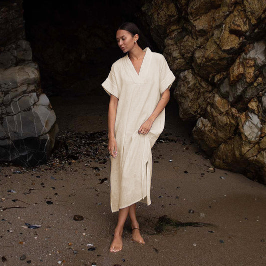 Women’s Pure Cotton Gauze Lounge Dress – Minimalist Loose Fit Moo Moo House Dress, Short Sleeve V-Neck A-Line Sleep Dress, Neutral Color Comfortable Style